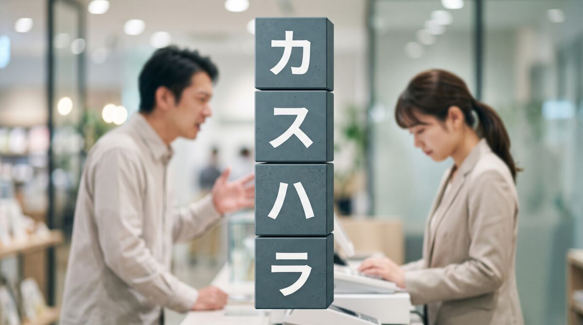 店舗でクレーム対応をする店員と「カスハラ」の文字を描いた写真