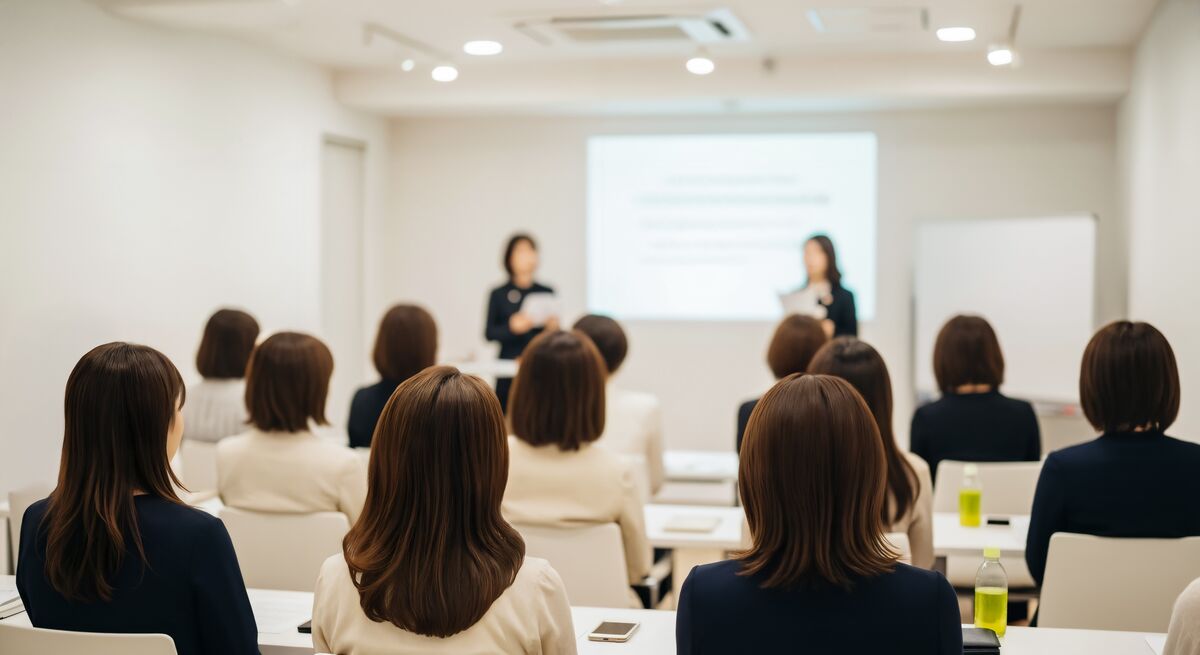 セミナーで話を聞く女性スタッフの写真